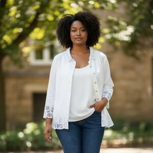 2 Pieces Susan Graver White Linen-Cotton Top with Botton Down Shirt